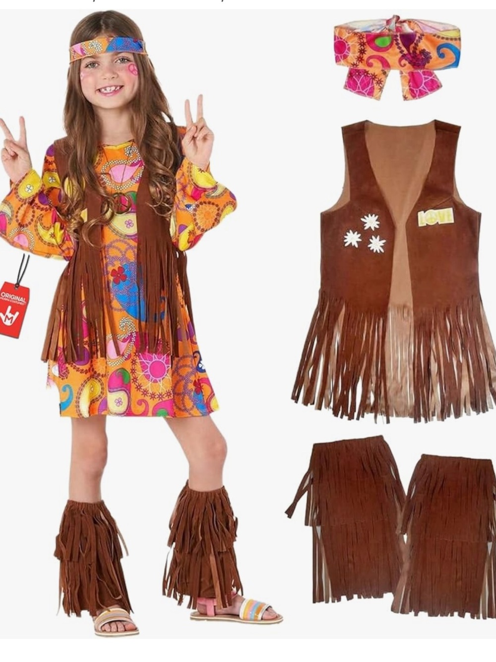 NWT Girls Pink Hippie Costume Set - Brown Vest & Colorful Dress